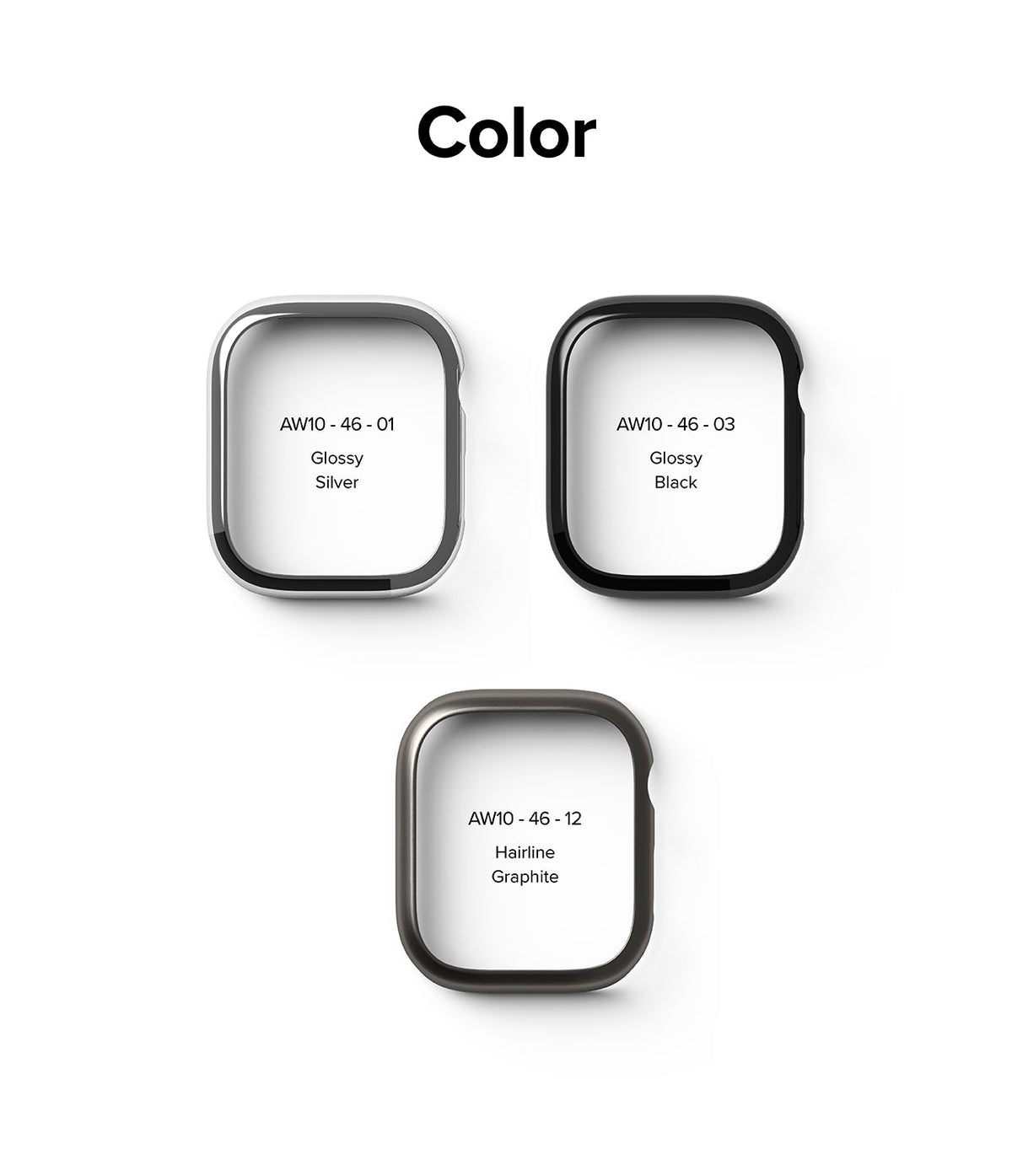 Apple Watch 11 / 10 (46mm) Cover | Bezel Styling - Three Apple Watch bezel covers in Glossy Silver, Glossy Black, and Hairline Graphite.