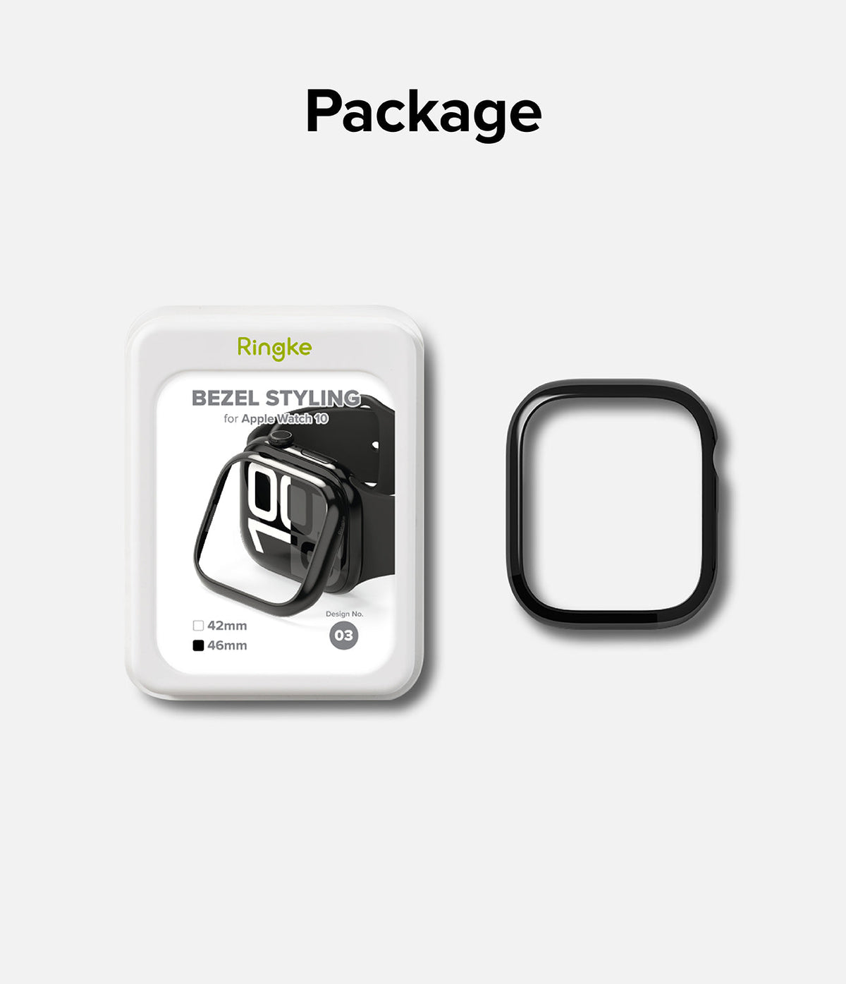 Apple Watch 11 / 10 (46mm) Cover | Bezel Styling - Ringke bezel styling packaging next to a black watch bezel cover.