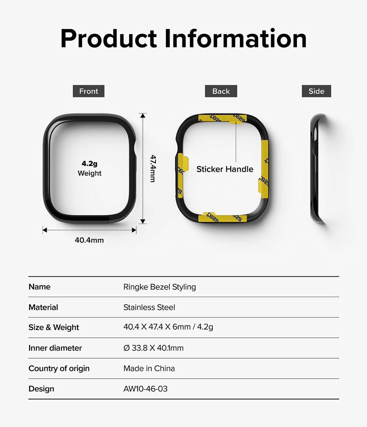 Apple Watch 11 / 10 (46mm) Cover | Bezel Styling - Technical diagram showing front, back, and side views with dimensions.