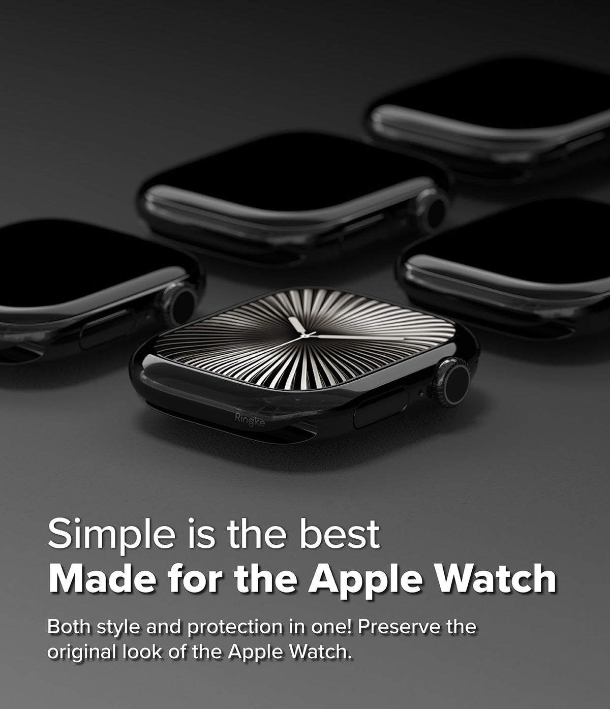Apple Watch 11 / 10 (46mm) Cover | Bezel Styling - Multiple black Apple Watch cases with sunburst dial designs on a gray background.