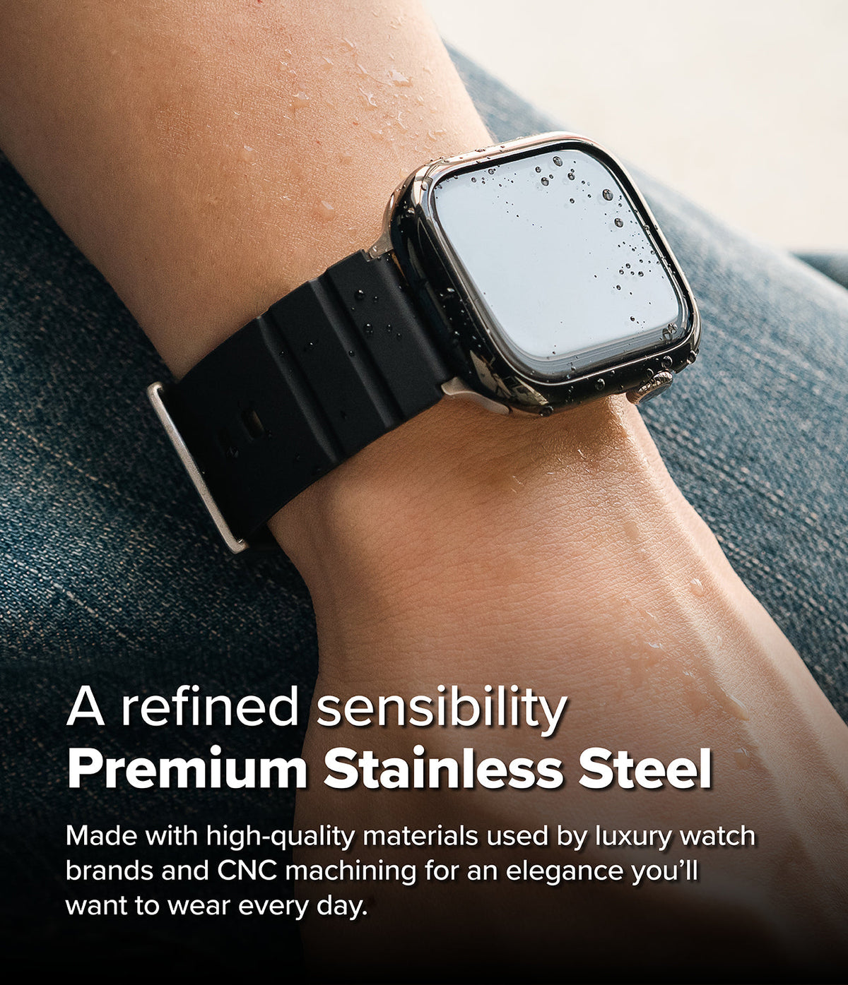 Apple Watch 11 / 10 (46mm) Cover | Bezel Styling - Polished stainless steel watch bezel on a wrist with water droplets.
