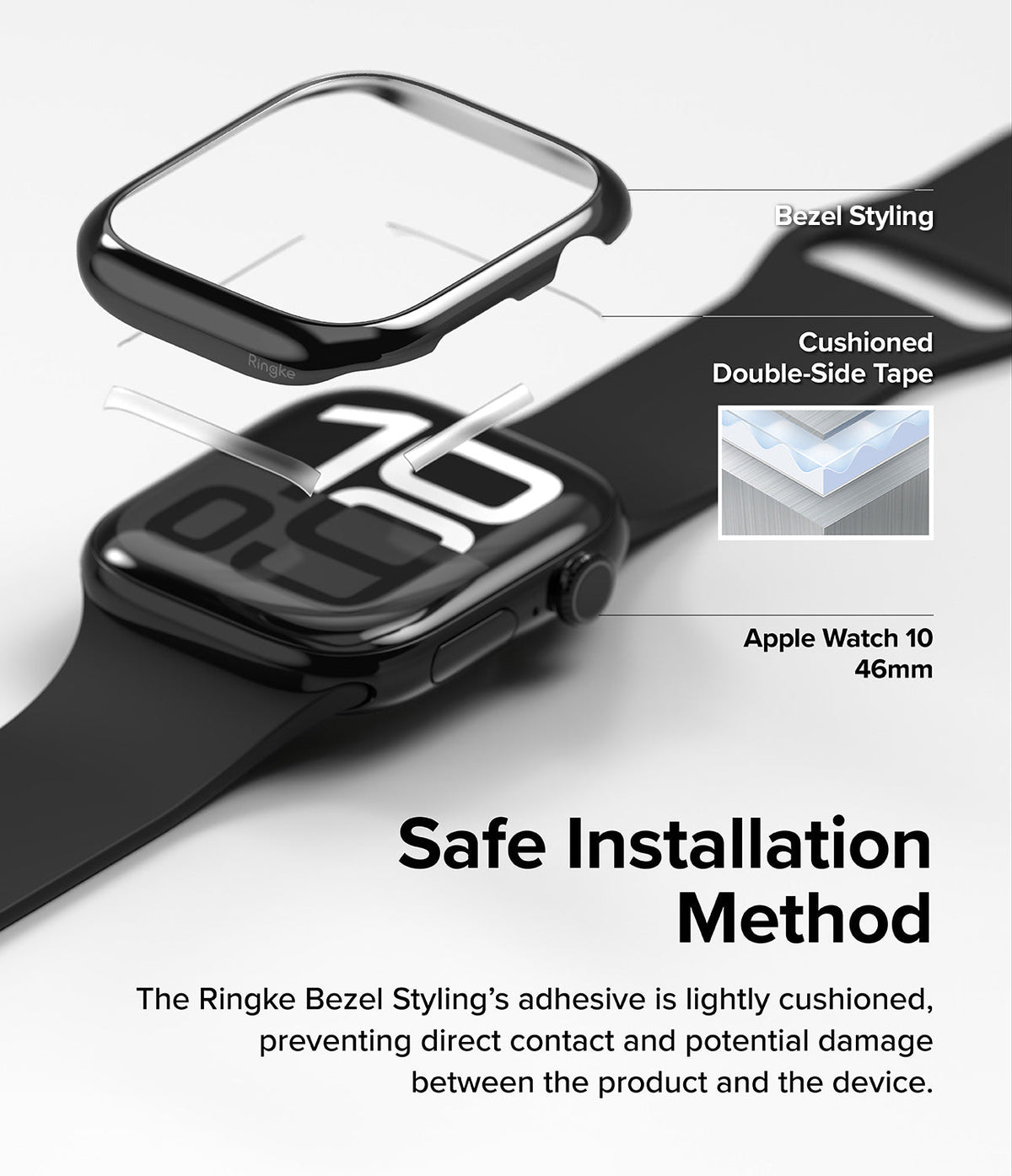 Apple Watch 11 / 10 (46mm) Cover | Bezel Styling - Exploded view of a black bezel cover hovering above an Apple Watch.