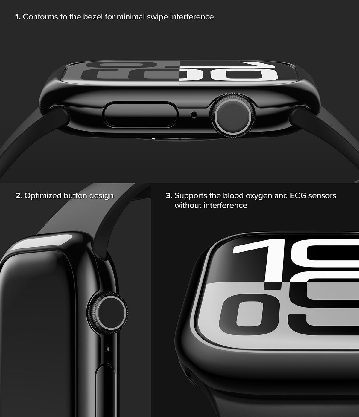 Apple Watch 11 / 10 (46mm) Cover | Bezel Styling - Close-up views of a black Apple Watch cover highlighting bezel fit, button access, and sensor compatibility.