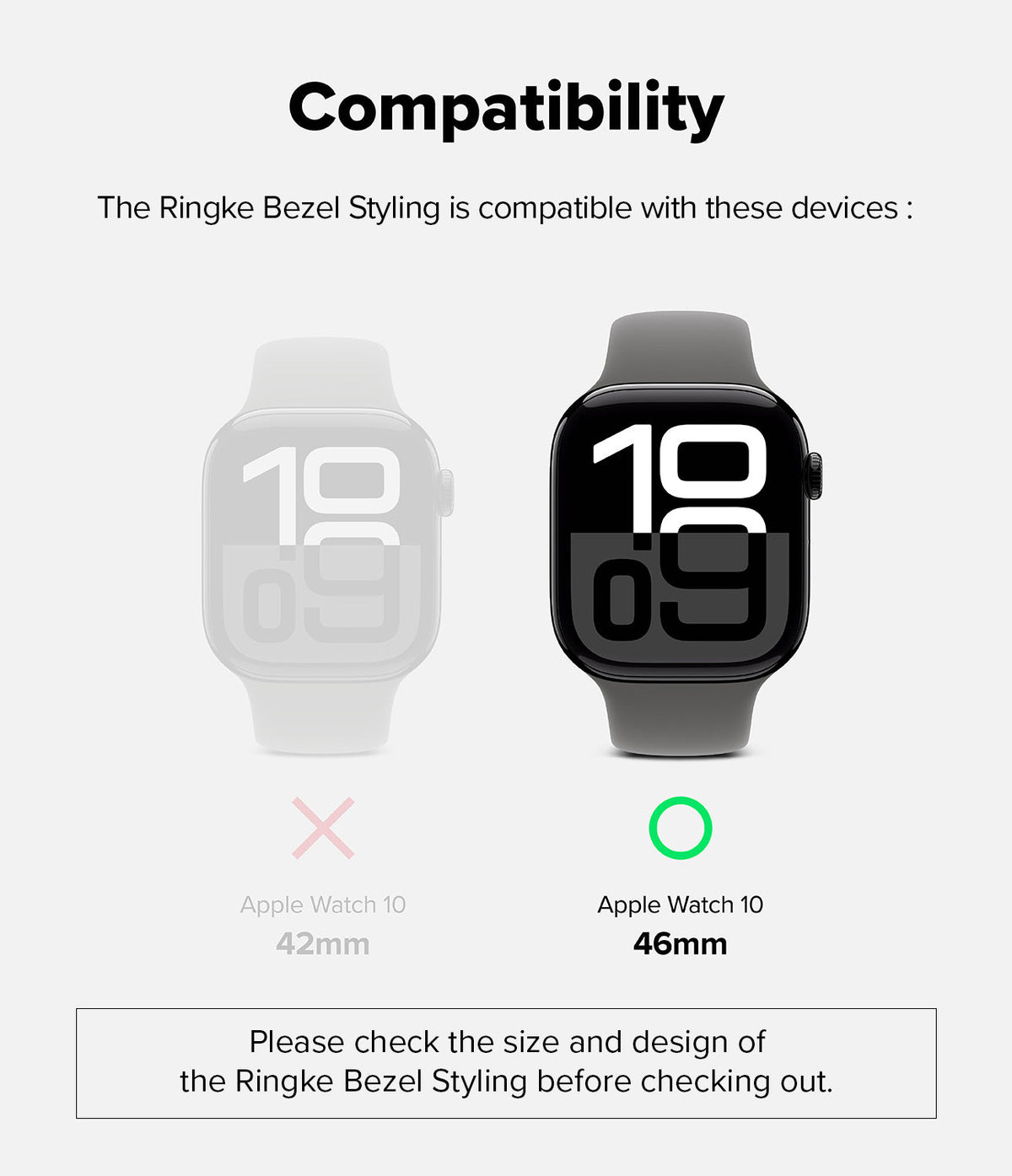 Apple Watch 11 / 10 (46mm) Cover | Bezel Styling - Compatibility chart showing 46mm Apple Watch as the correct fit.