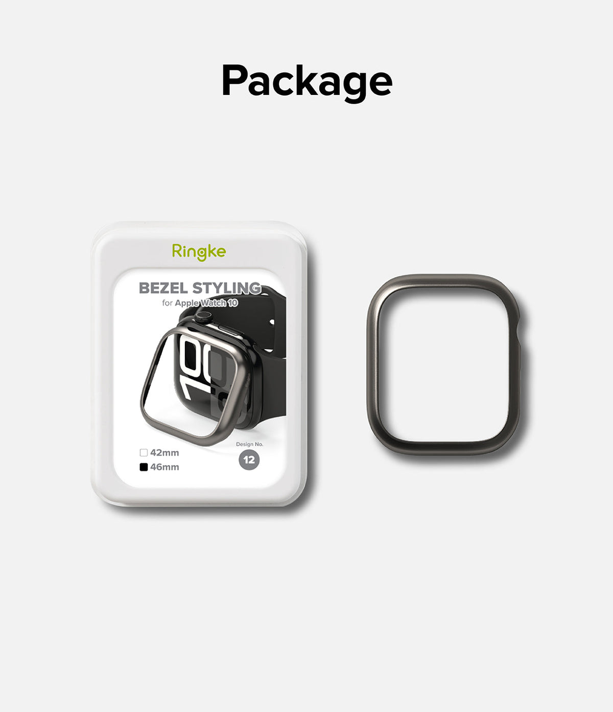 Apple Watch 11 / 10 (46mm) Cover | Bezel Styling - Ringke bezel styling packaging and a separate dark metal watch bezel.
