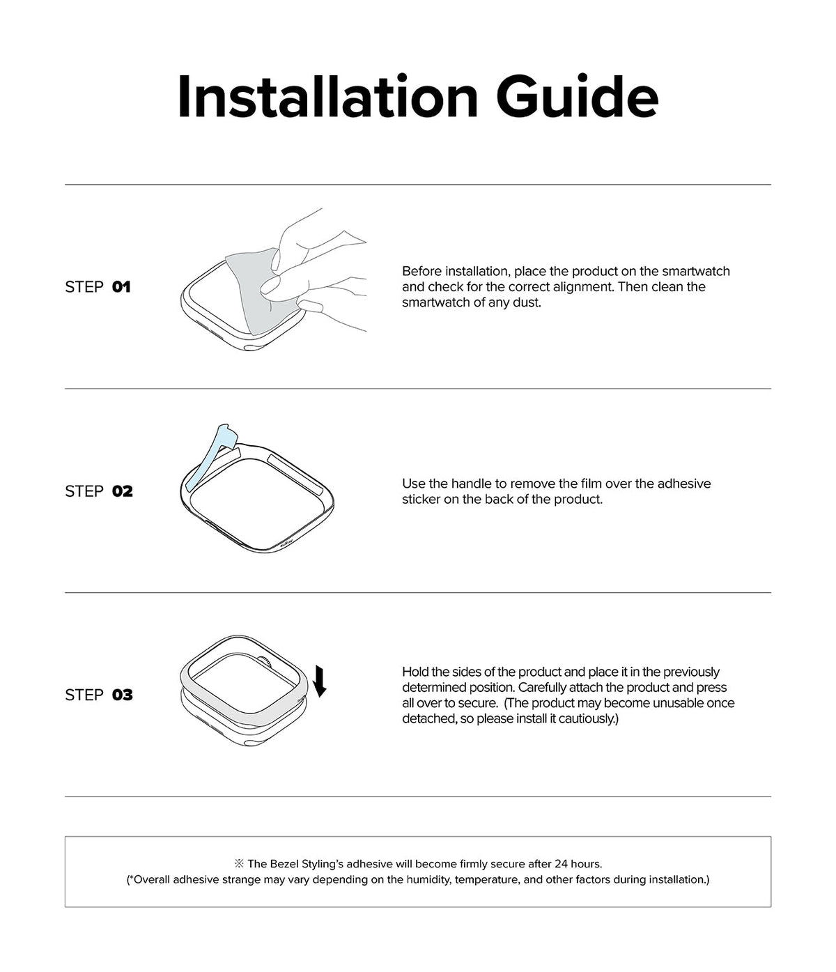Apple Watch 11 / 10 (46mm) Cover | Bezel Styling - Three-step illustrated guide for cleaning, peeling, and applying the bezel cover.
