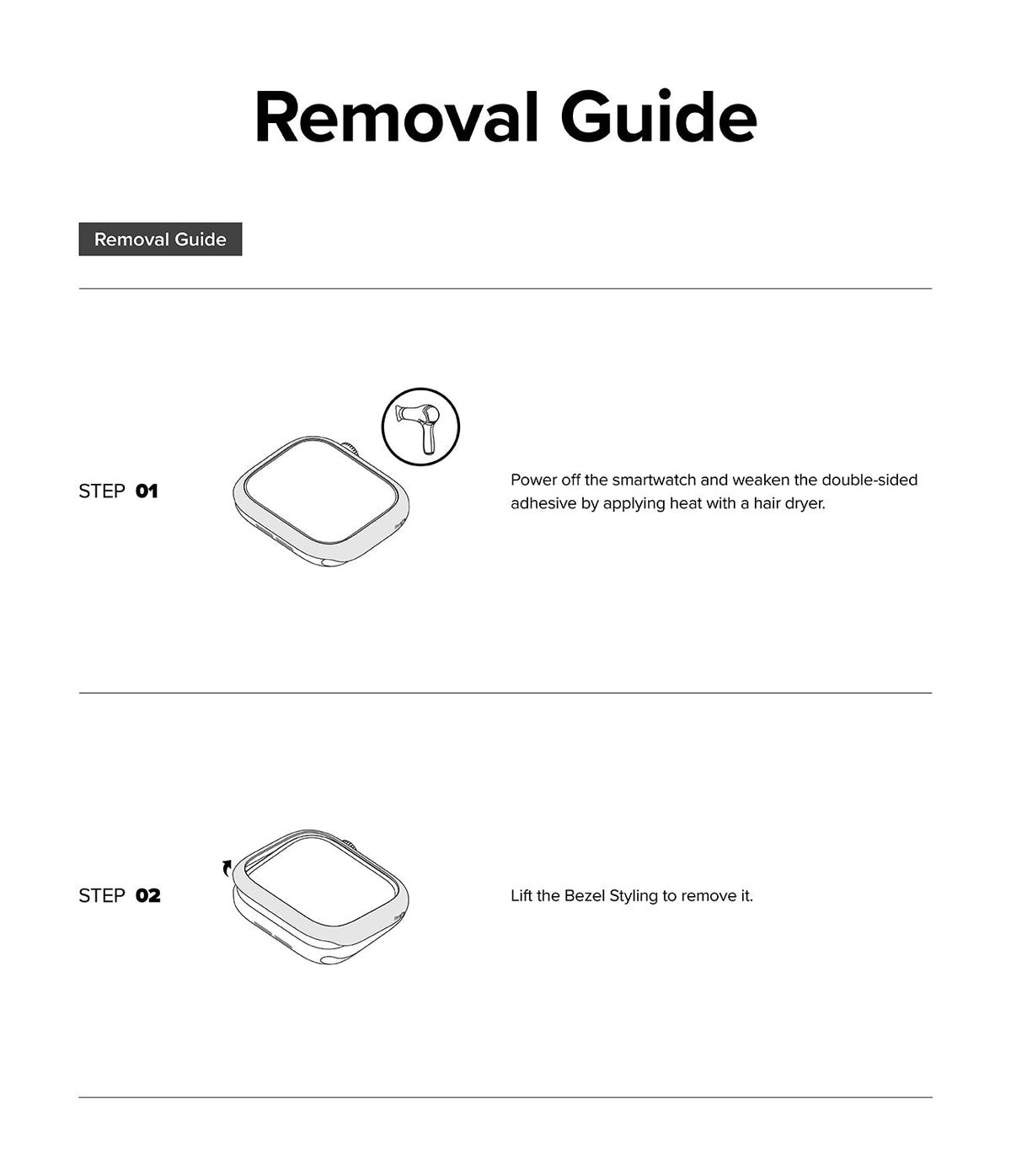Apple Watch 11 / 10 (46mm) Cover | Bezel Styling - Two-step instructional diagram for removing the bezel cover.