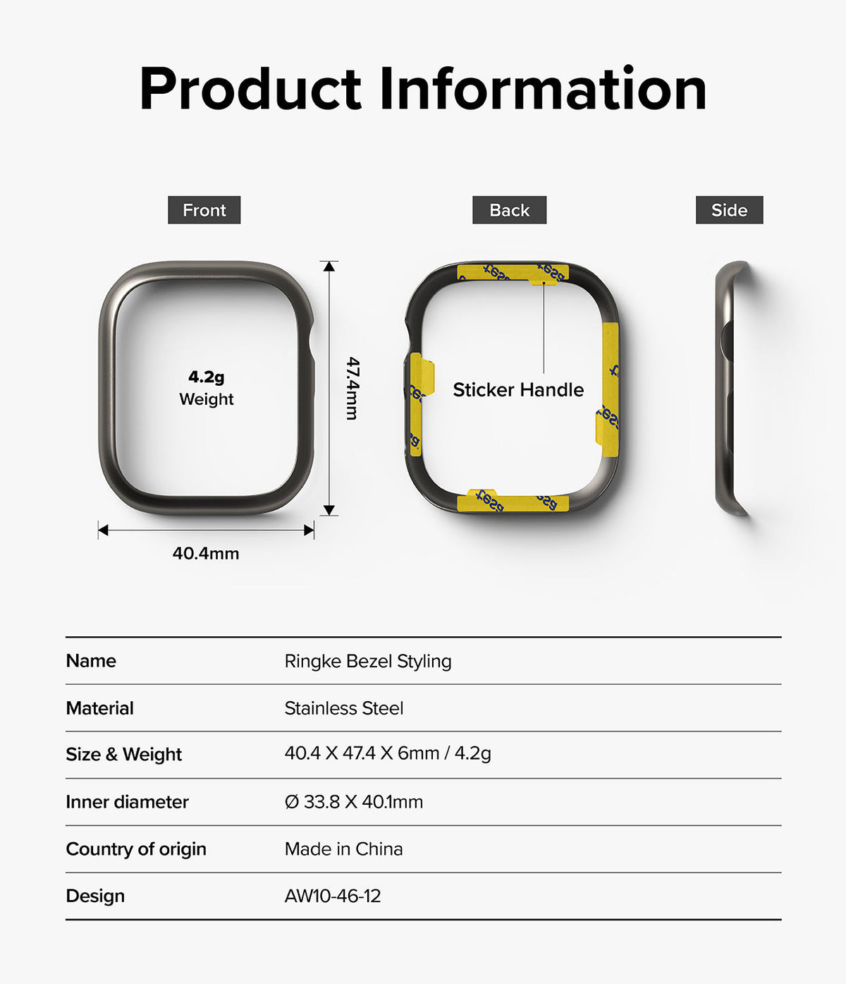 Apple Watch 11 / 10 (46mm) Cover | Bezel Styling - Technical diagram showing front, back, and side views with dimensions.