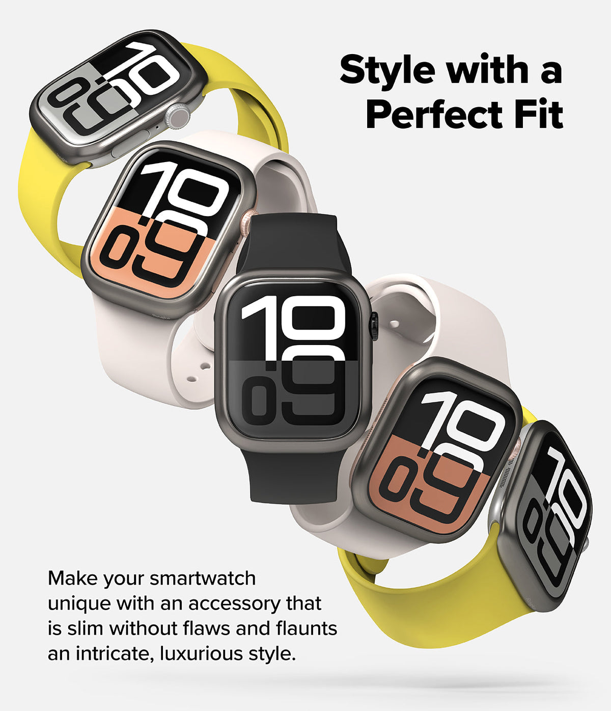 Apple Watch 11 / 10 (46mm) Cover | Bezel Styling - Five Apple Watches with colorful bands and protective bezels arranged diagonally.