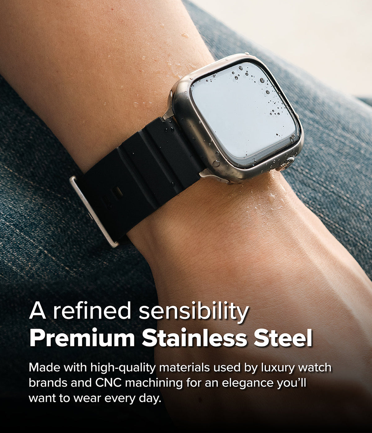 Apple Watch 11 / 10 (46mm) Cover | Bezel Styling - Stainless steel bezel cover on an Apple Watch with black band.