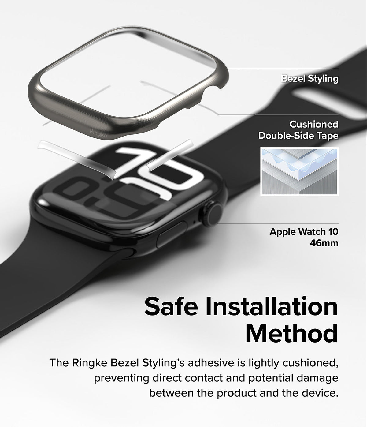 Apple Watch 11 / 10 (46mm) Cover | Bezel Styling - Exploded view of a metallic bezel cover hovering over an Apple Watch.