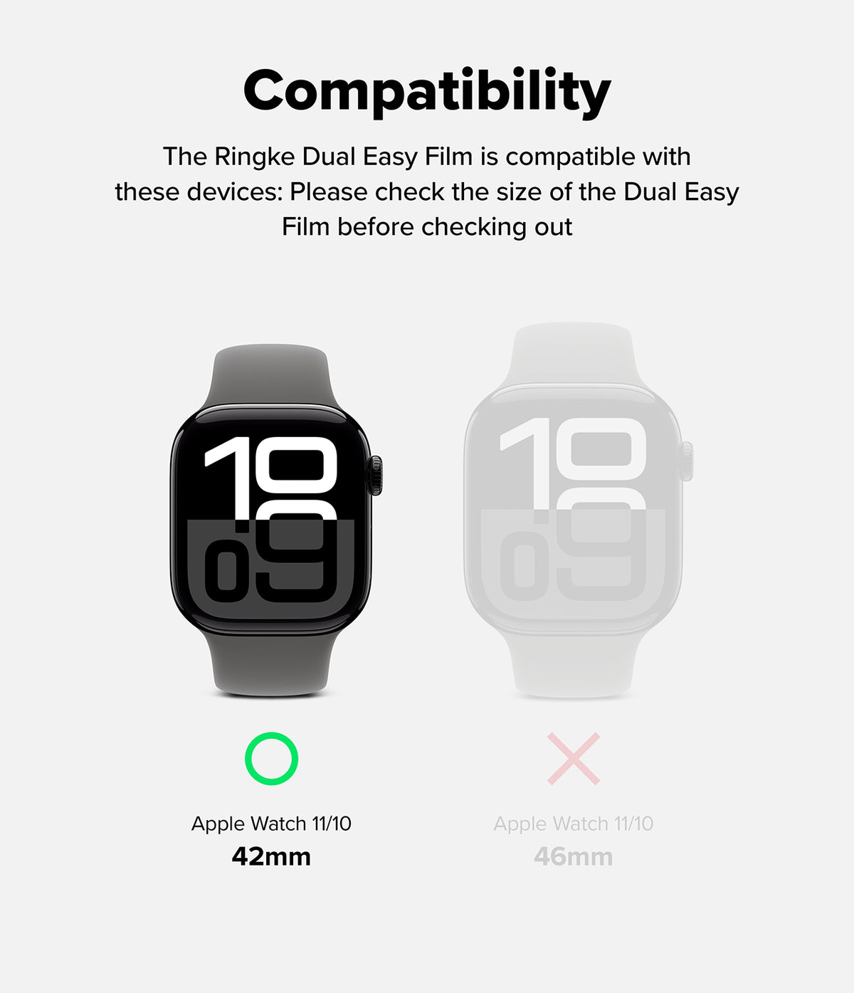 Apple Watch 11 / 10 (42mm) Screen Protector | Dual Easy Film Pro - Compatibility chart showing 42mm watch with checkmark.