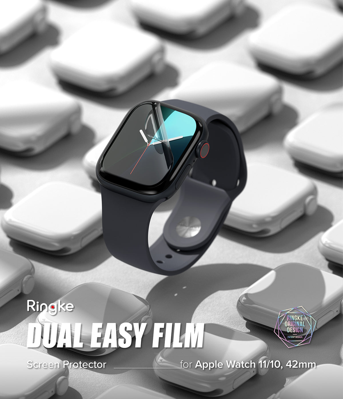 Apple Watch 11 / 10 (42mm) Screen Protector | Dual Easy Film Pro - Black Apple Watch with screen film over gray watch cases.