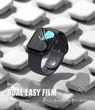 Apple Watch 11 / 10 (42mm) Screen Protector | Dual Easy Film Pro - Black Apple Watch with screen film over gray watch cases.