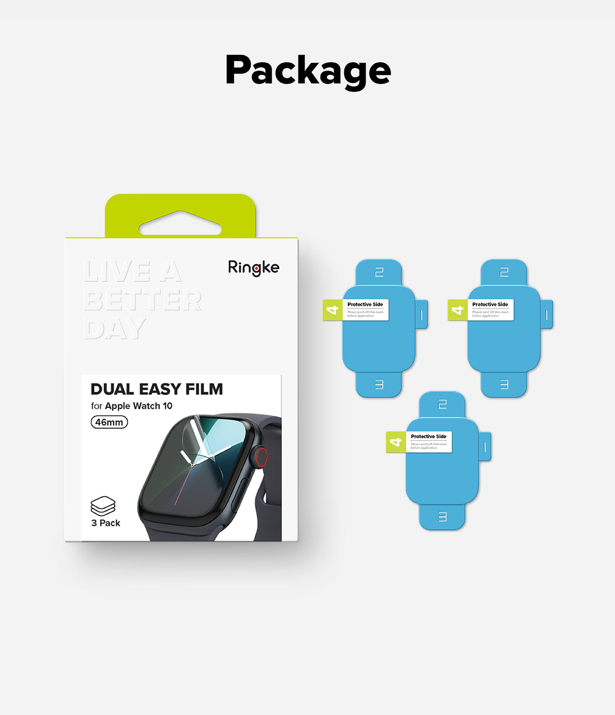Apple Watch 11 / 10 (46mm) Screen Protector | Dual Easy Film - Retail box with three blue film screen protectors.