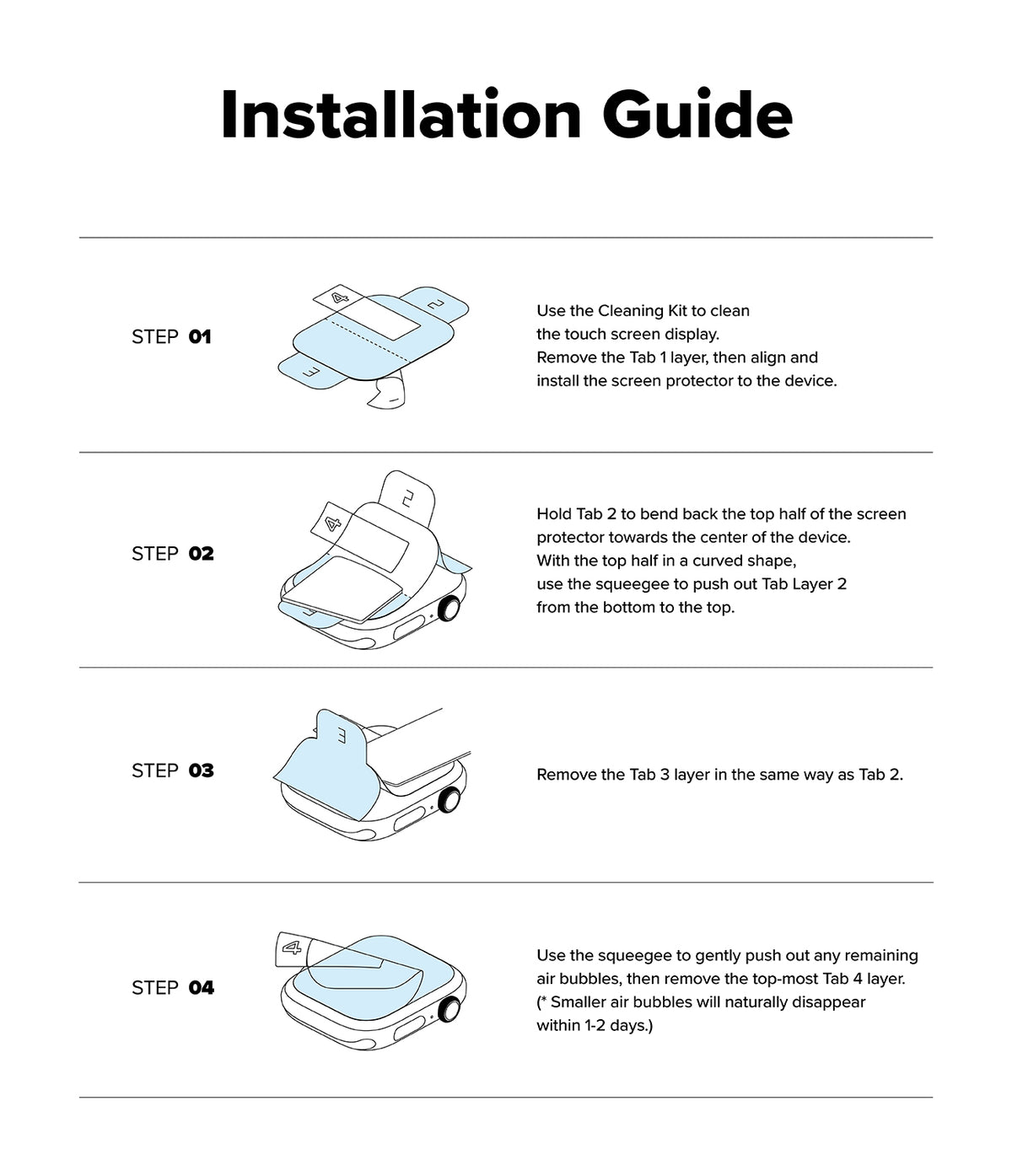 Apple Watch 11 / 10 (46mm) Screen Protector | Dual Easy Film - Four-step illustrated guide for applying a screen protector.