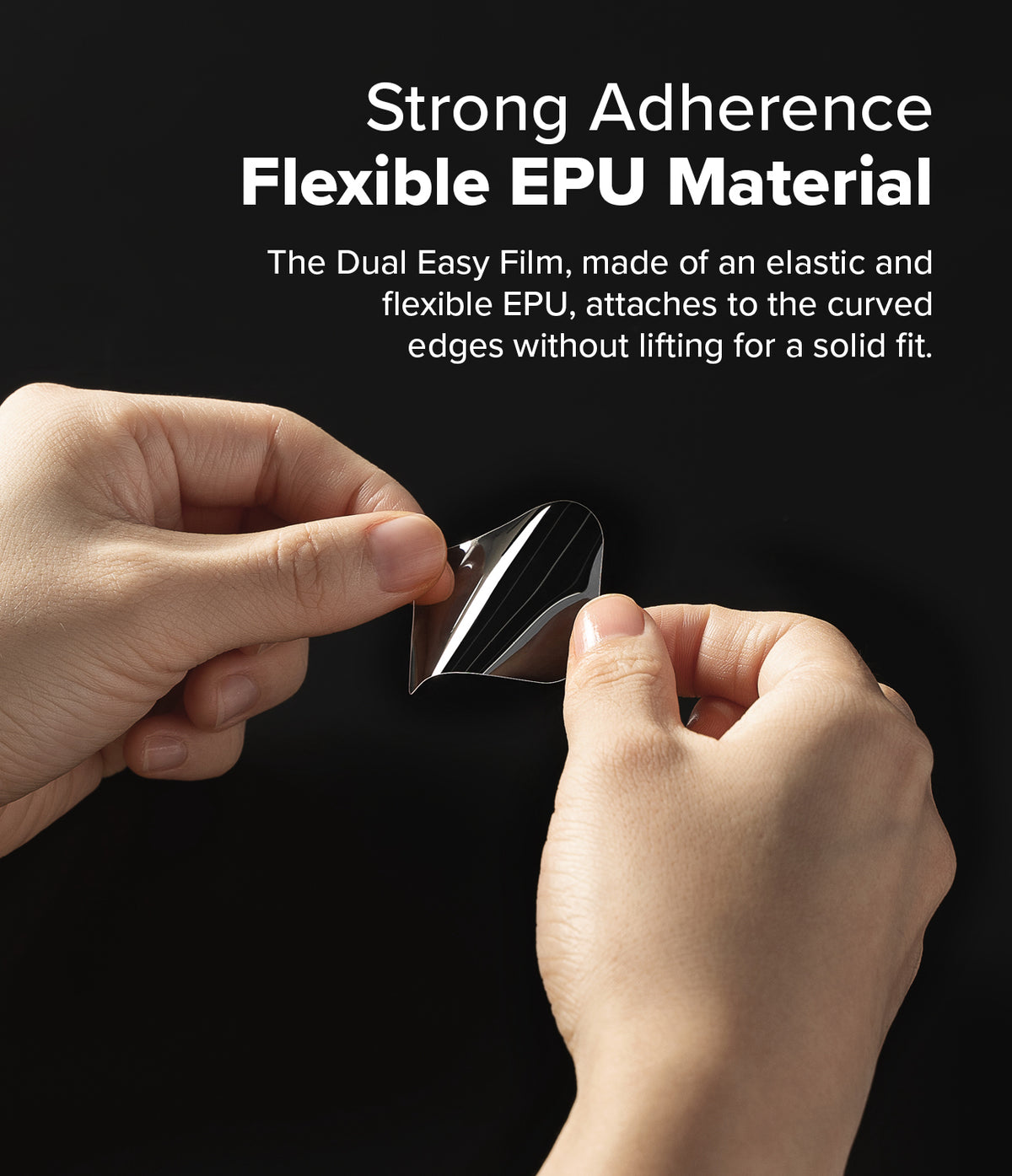Apple Watch 11 / 10 (46mm) Screen Protector | Dual Easy Film - Apple Watch 11 / 10 (46mm) Screen Protector - Hands bending a flexible, transparent EPU screen protector film.