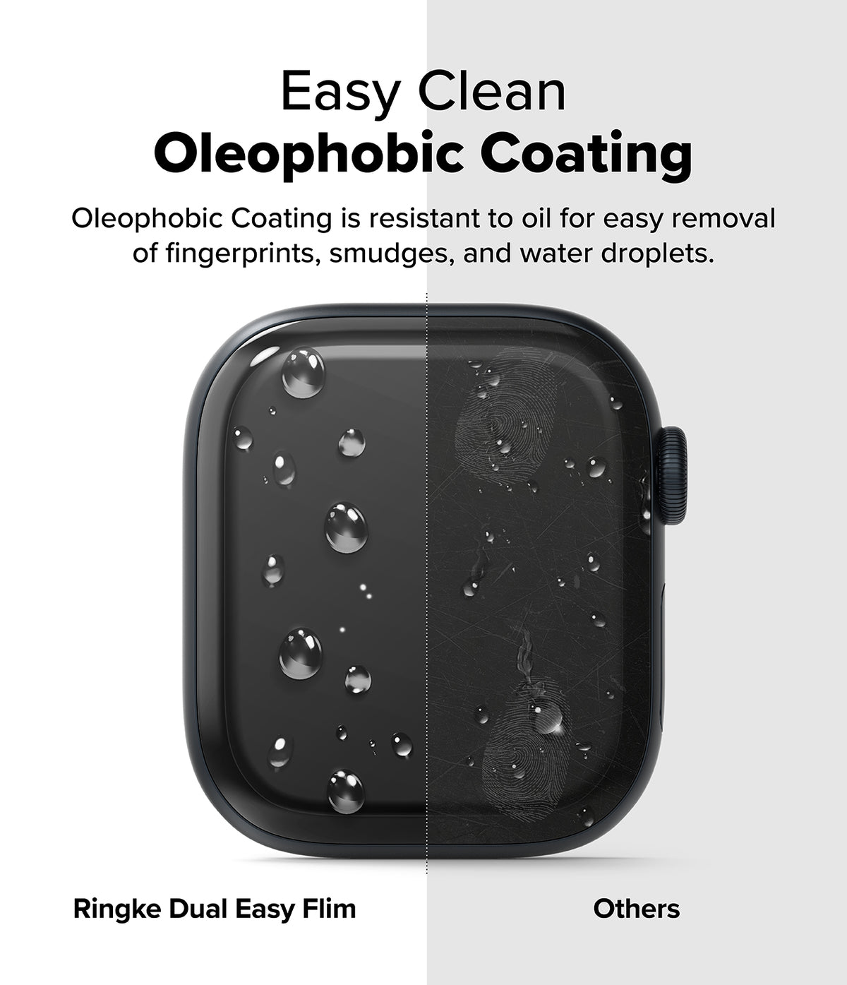 Apple Watch 11 / 10 (46mm) Screen Protector | Dual Easy Film - Comparison of oleophobic coating showing water beads vs smudges.