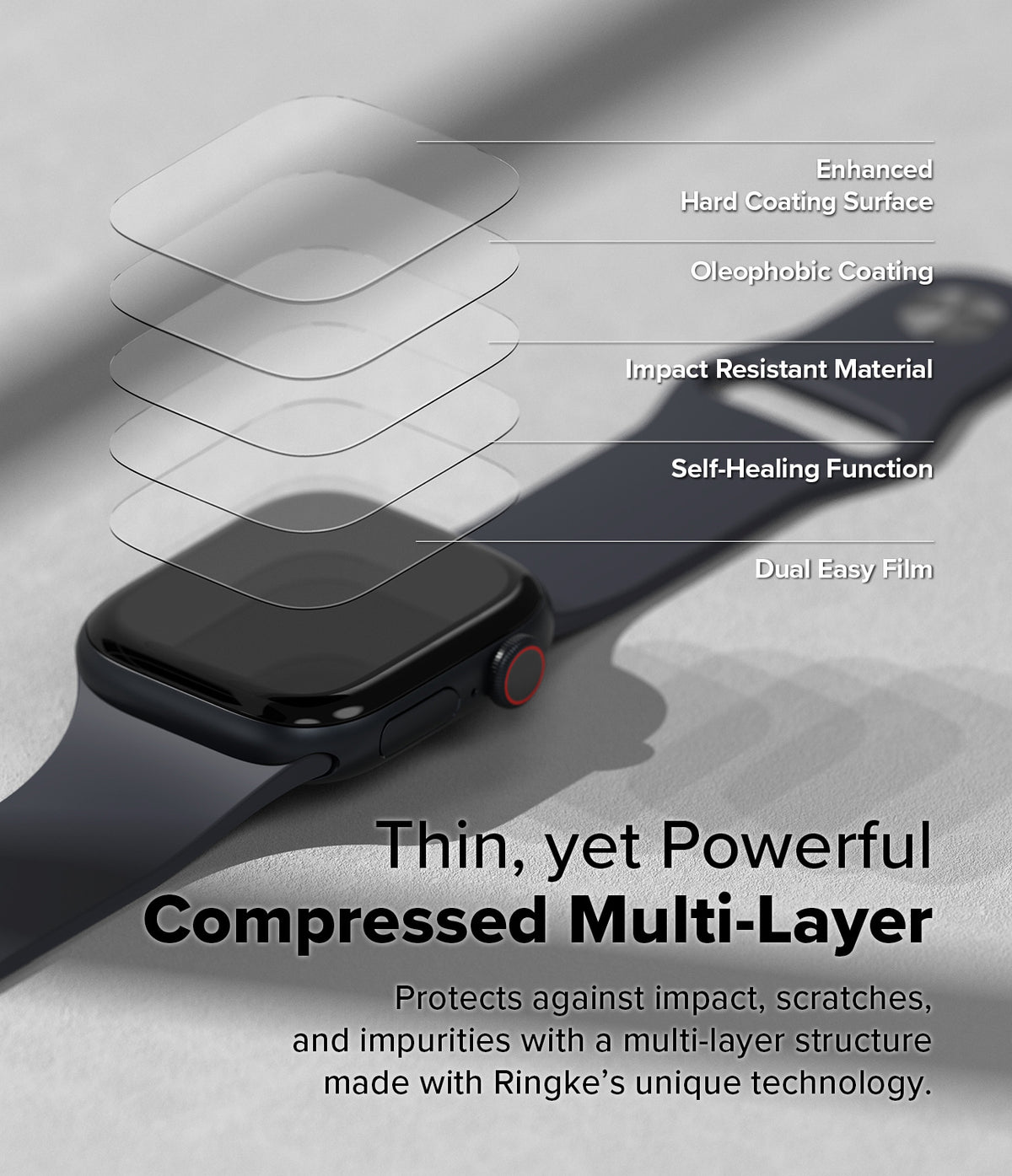 Apple Watch 11 / 10 (46mm) Screen Protector | Dual Easy Film - Exploded view of multi-layer screen protector on watch.
