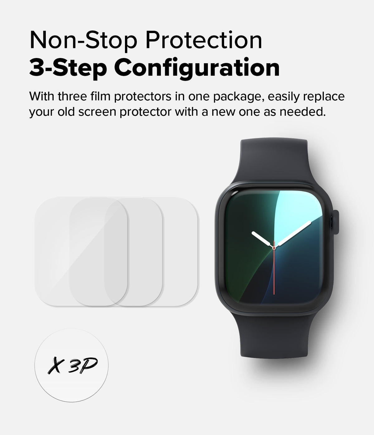 Apple Watch 11 / 10 (46mm) Screen Protector | Dual Easy Film - Three transparent film protectors next to a black smartwatch.