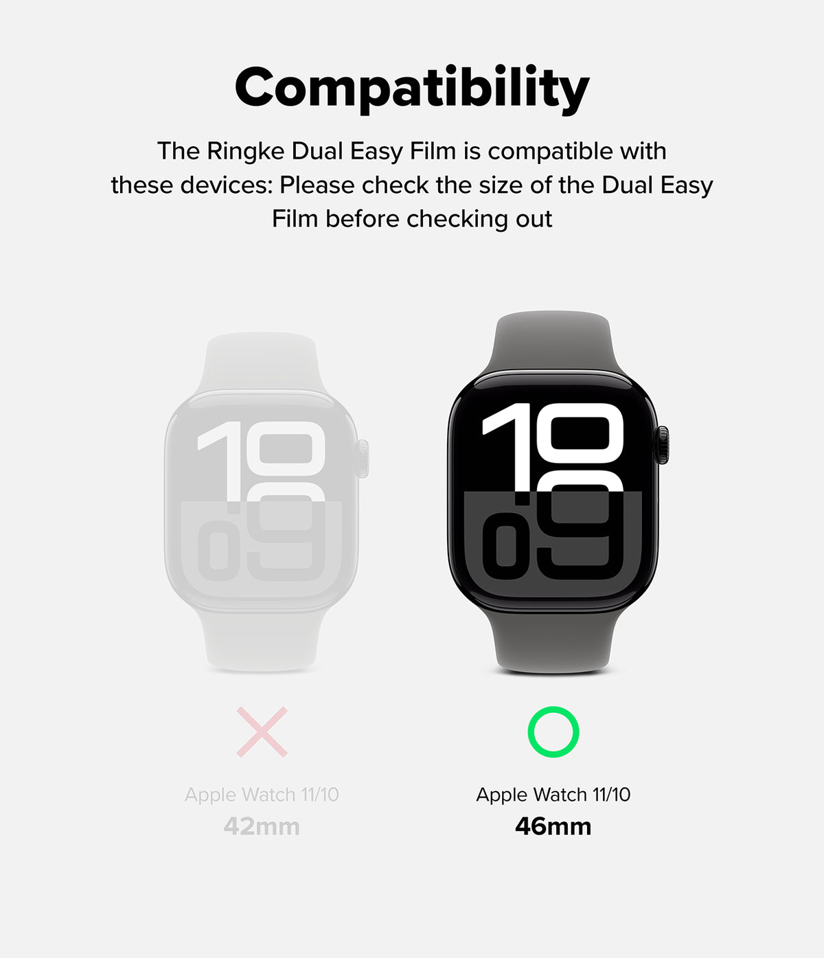 Apple Watch 11 / 10 (46mm) Screen Protector | Dual Easy Film - Compatibility chart showing 46mm watch with green check.