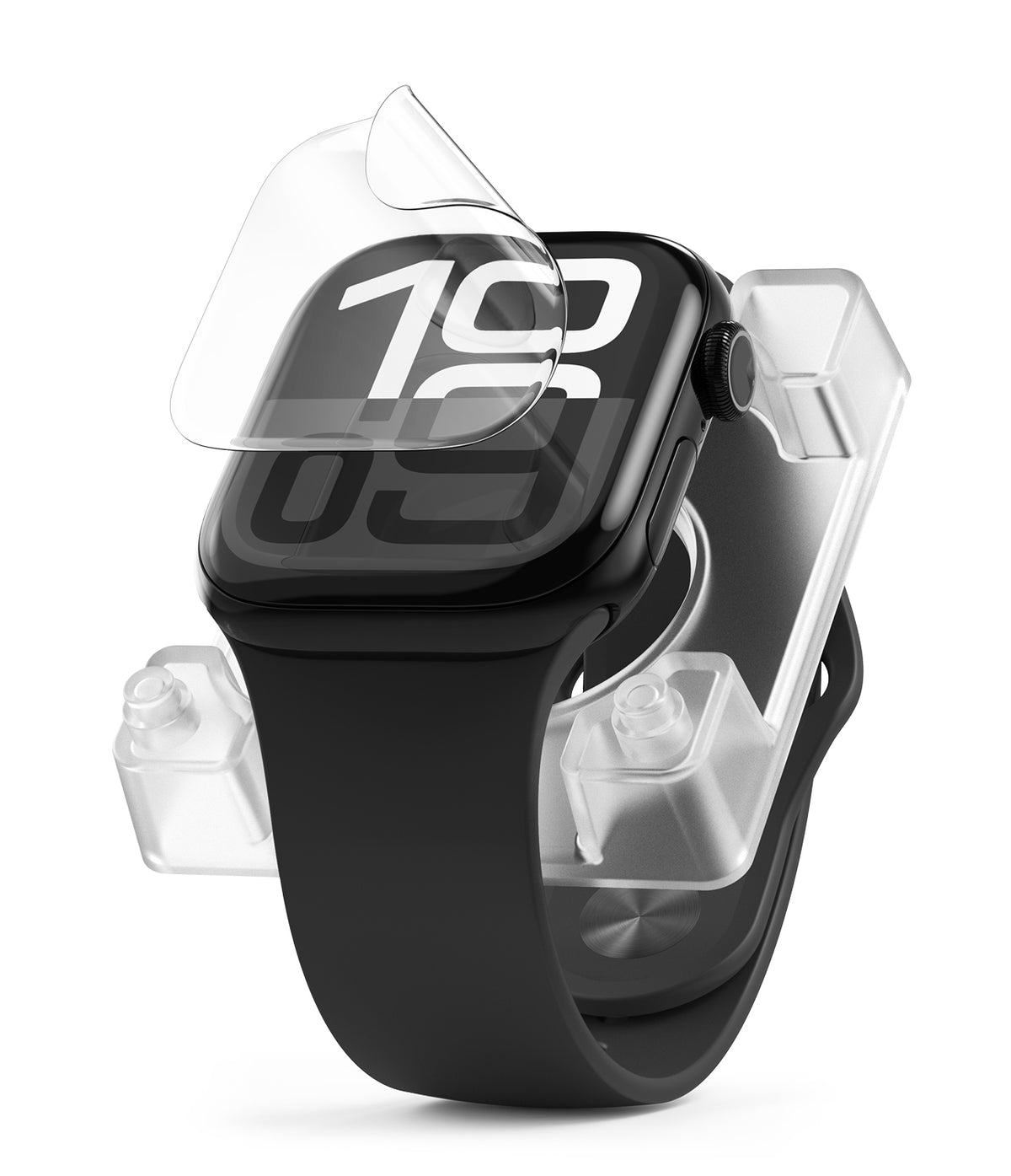 Apple Watch 11 / 10 (42mm) Screen Protector | Dual Easy Film Pro - Clear film being applied to a black Apple Watch.
