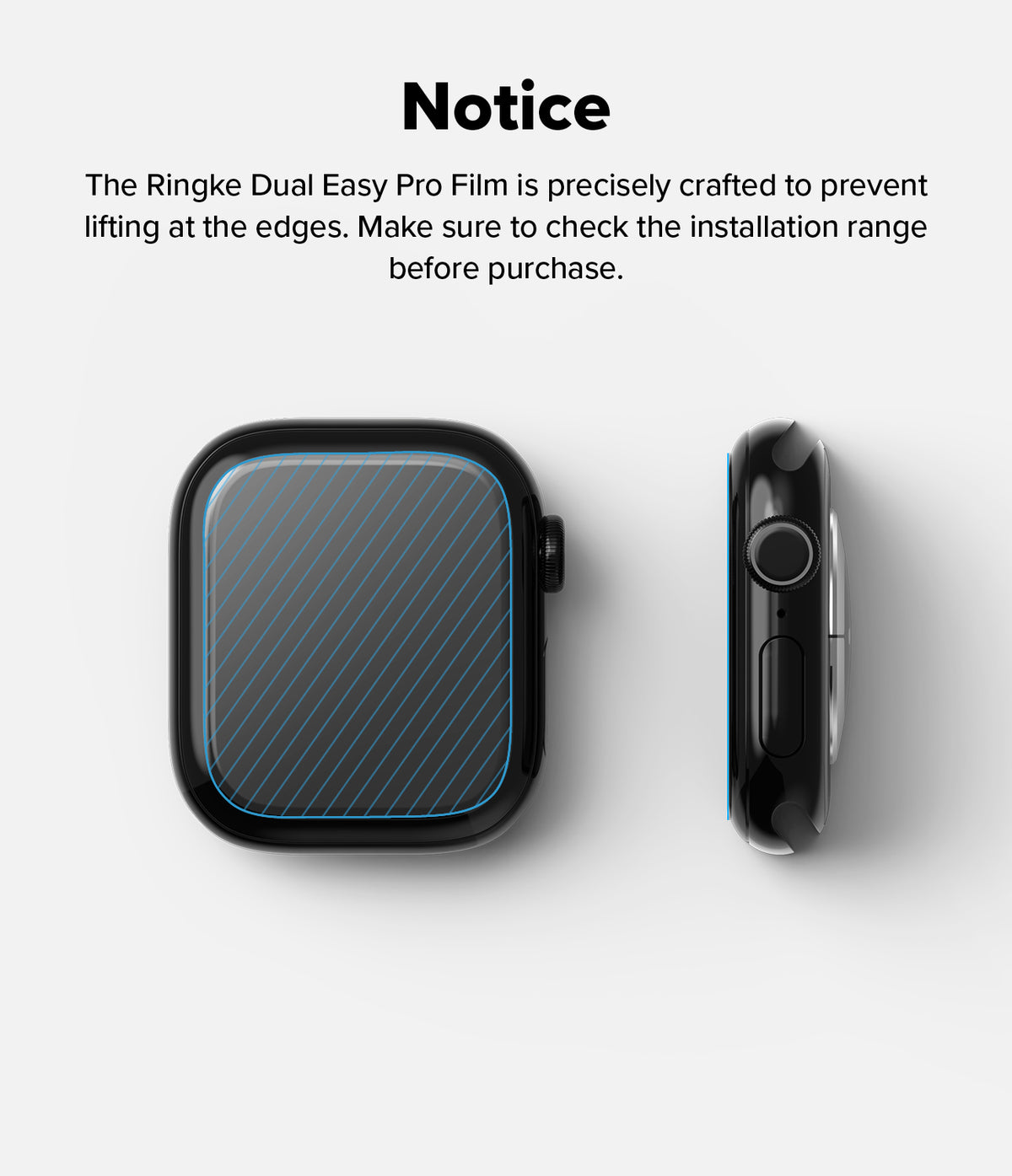 Apple Watch 11 / 10 (42mm) Screen Protector | Dual Easy Film Pro - Front and side views of Apple Watch with blue film.