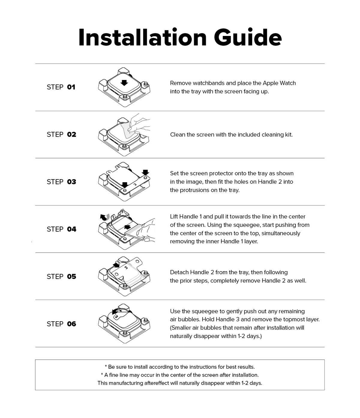 Apple Watch 11 / 10 (42mm) Screen Protector | Dual Easy Film Pro - Six-step illustrated guide for installing a screen protector on an Apple Watch using an alignment tray.