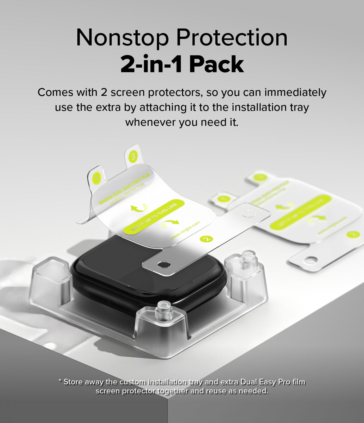 Apple Watch 11 / 10 (42mm) Screen Protector | Dual Easy Film Pro - Installation tray with film being applied to watch.