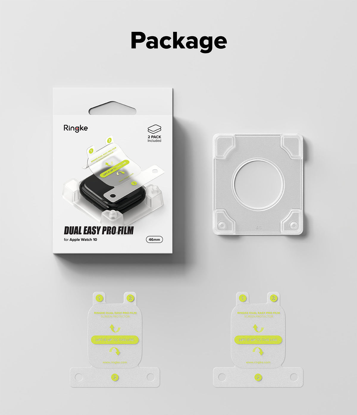 Apple Watch 11 / 10 (46mm) Screen Protector | Dual Easy Film Pro - Ringke screen protector packaging, installation tray, and two film sheets with numbered application tabs.