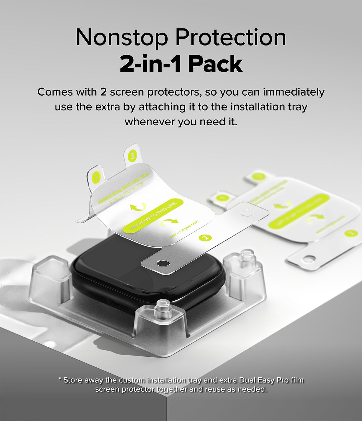 Apple Watch 11 / 10 (46mm) Screen Protector | Dual Easy Film Pro - Apple Watch 11 / 10 (46mm) Screen Protector - Two screen protectors with an installation tray for an Apple Watch.