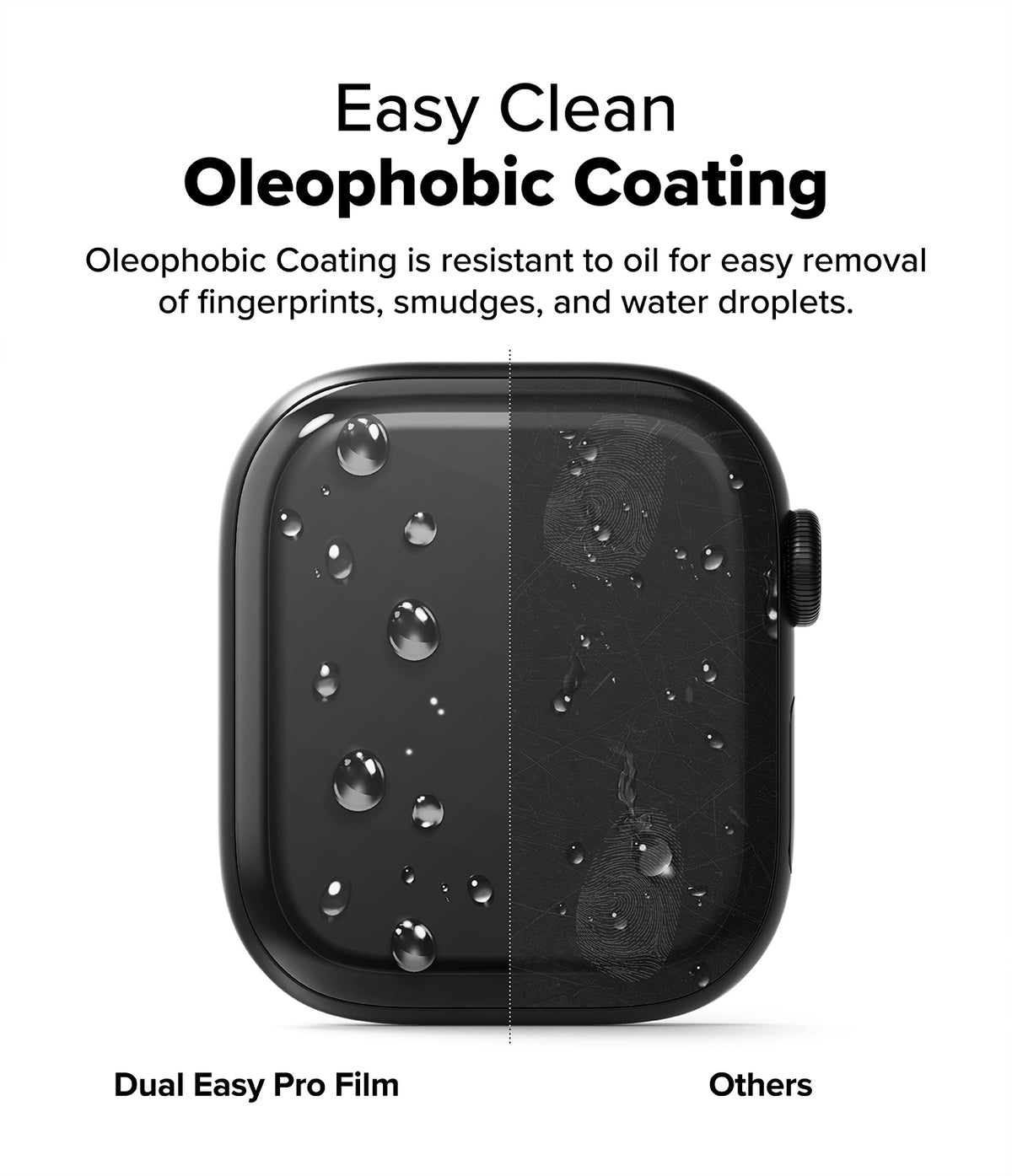 Apple Watch 11 / 10 (46mm) Screen Protector | Dual Easy Film Pro - Split screen showing water beading on film vs smudges.