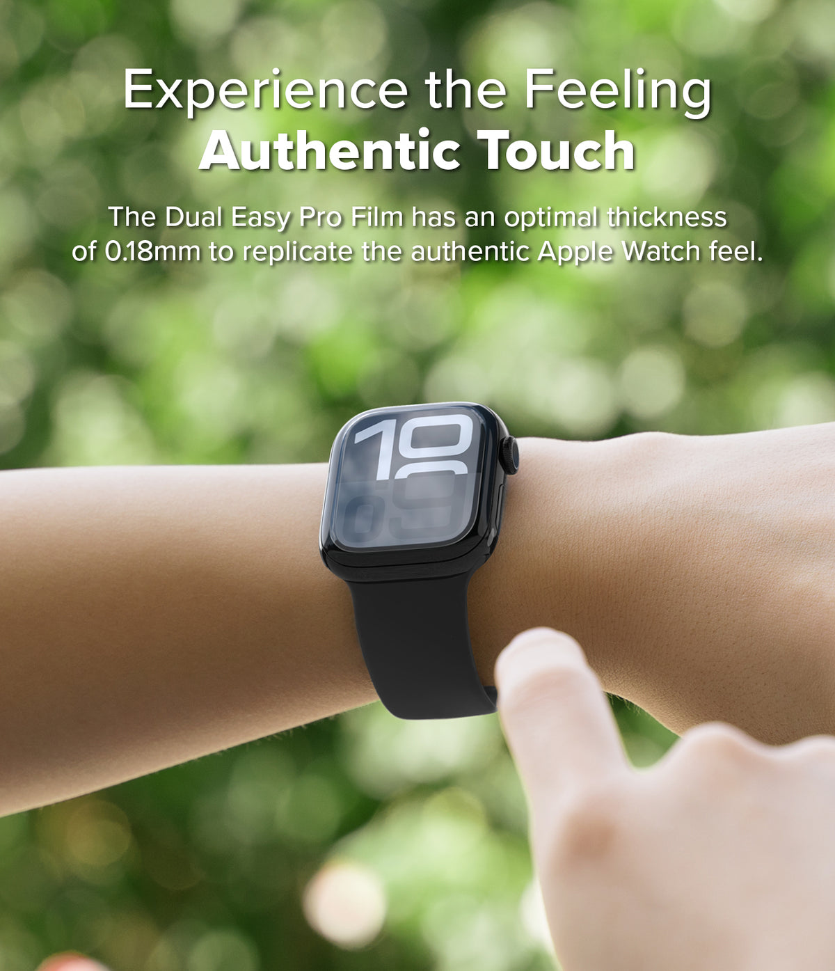 Apple Watch 11 / 10 (46mm) Screen Protector | Dual Easy Film Pro - Apple Watch 11 / 10 (46mm) Screen Protector - Person wearing a black Apple Watch with a thin, clear screen protector.