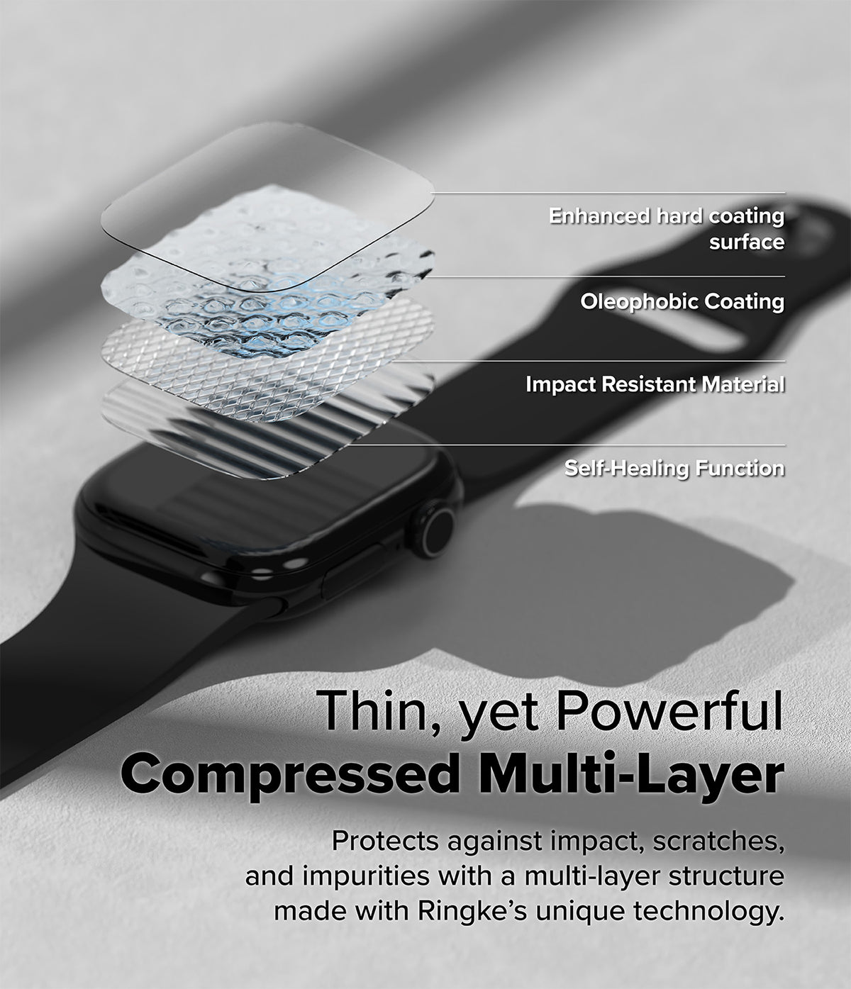 Apple Watch 11 / 10 (46mm) Screen Protector | Dual Easy Film Pro - Exploded view of screen protector layers over watch.