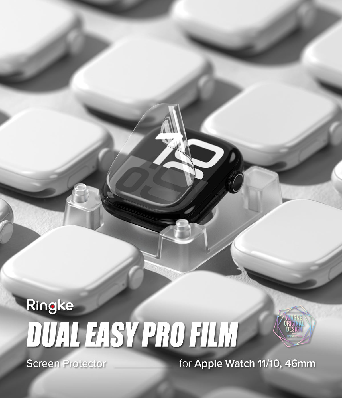 Apple Watch 11 / 10 (46mm) Screen Protector | Dual Easy Film Pro - Clear film being applied to an Apple Watch screen.