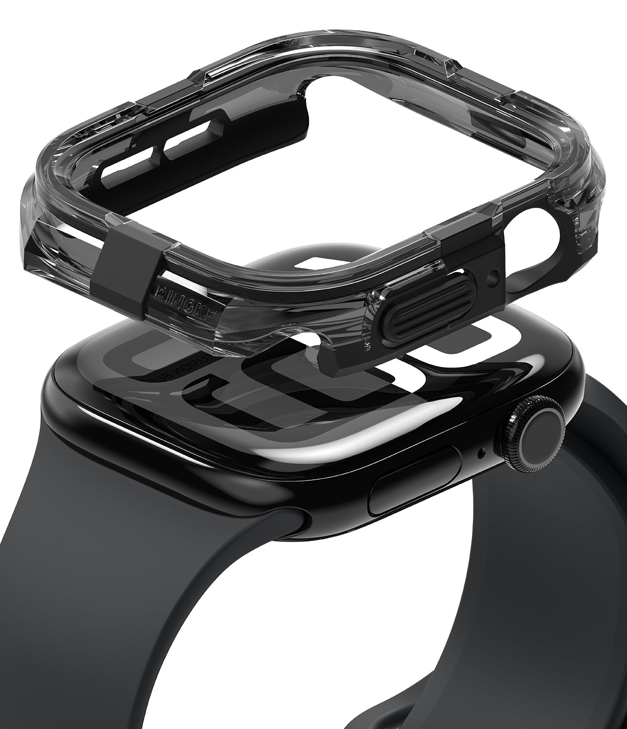 Apple Watch 11 / 10 (42mm) Case | Fusion Bumper - Transparent black protective bumper hovering above a black Apple Watch.