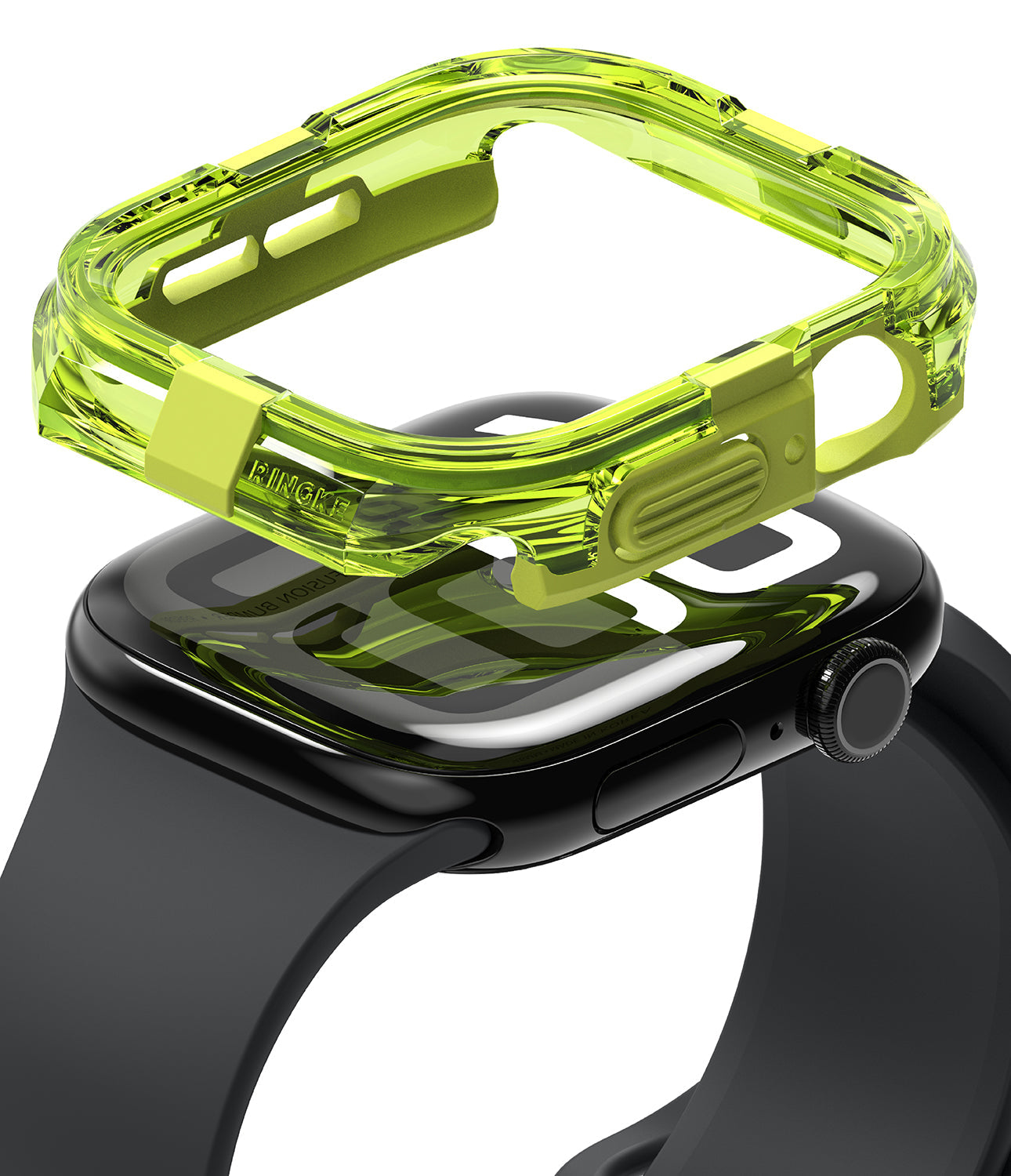 Apple Watch 11 / 10 (46mm) Case | Fusion Bumper - Neon green translucent bumper case hovering above a black Apple Watch.