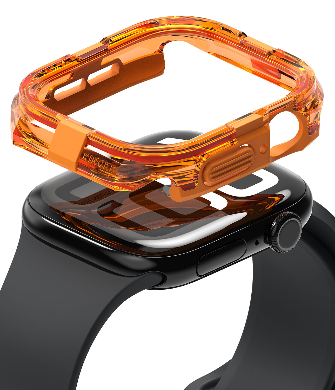 Apple Watch 11 / 10 (42mm) Case | Fusion Bumper - Translucent orange protective bumper hovering above a black Apple Watch.