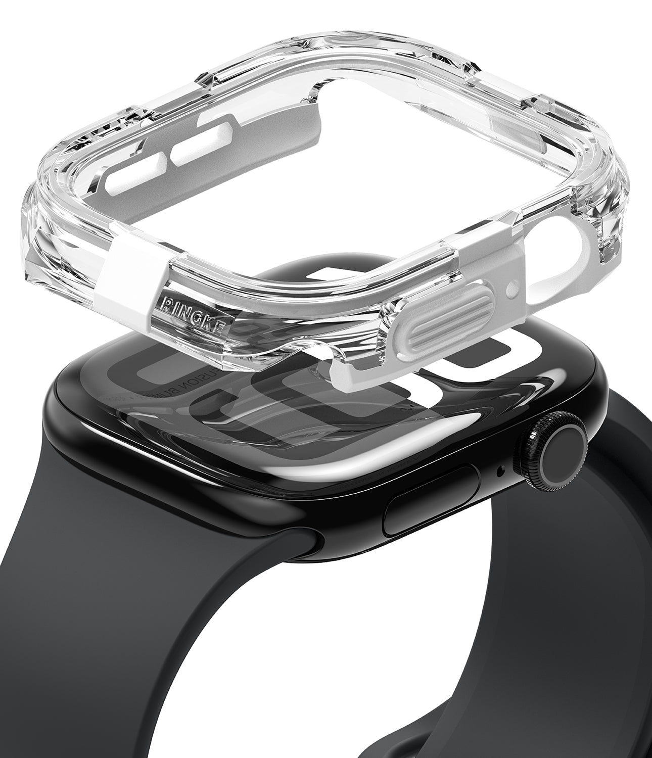 Apple Watch 11 / 10 (42mm) Case | Fusion Bumper - Clear protective bumper hovering above a black Apple Watch.
