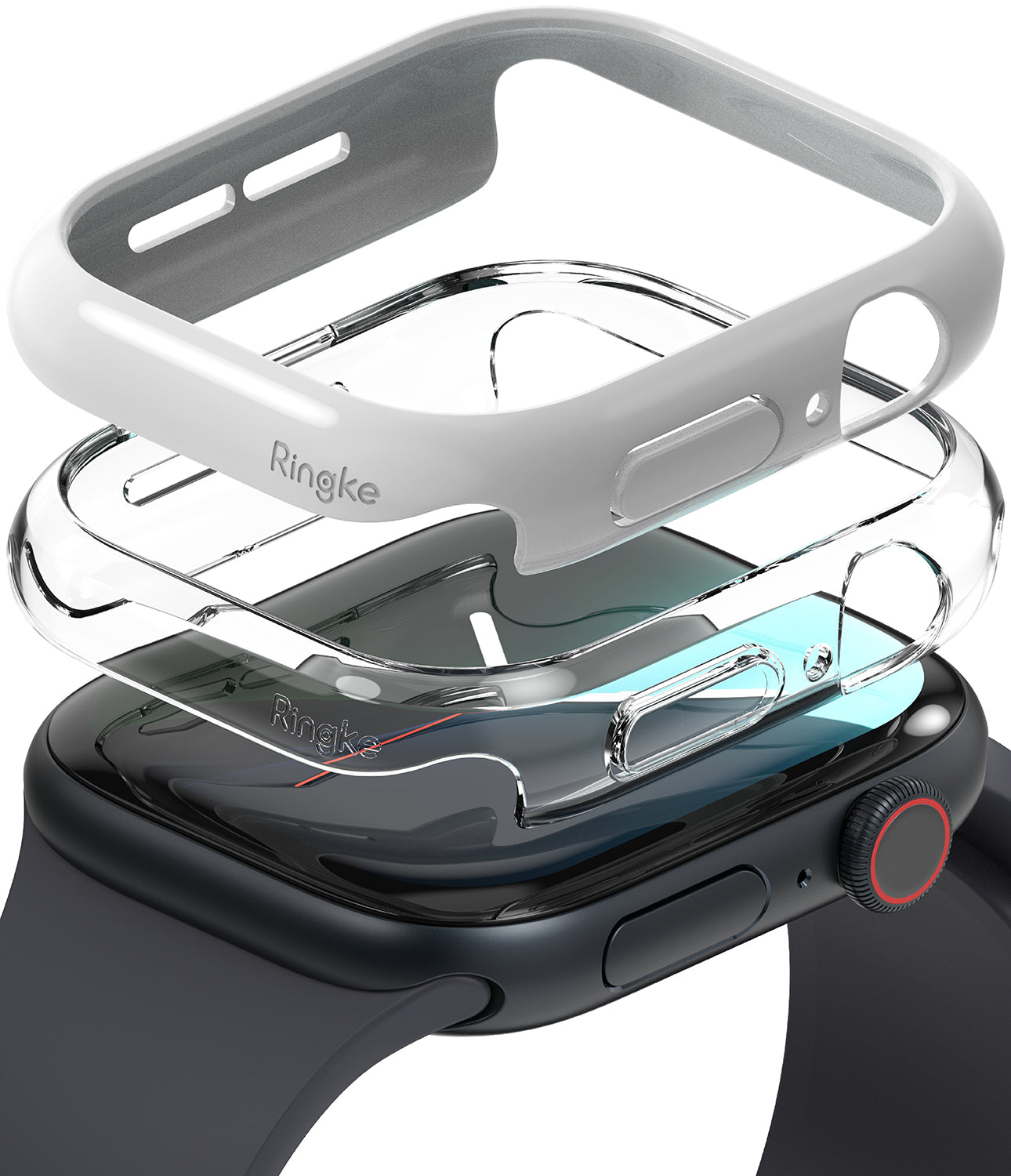 Apple Watch 11 / 10 (42mm) Case | Slim - Exploded view of a black Apple Watch with clear and white protective cases.