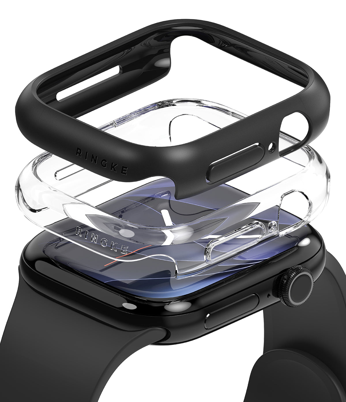Apple Watch 12 46mm | Slim (2P) - Three transparent and black Ringke watch cases stacked on top of each other around a black smartwatch, shown on a clean white background.