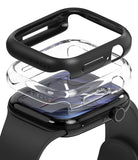Apple Watch 12 46mm | Slim (2P) - Three transparent and black Ringke watch cases stacked on top of each other around a black smartwatch, shown on a clean white background.