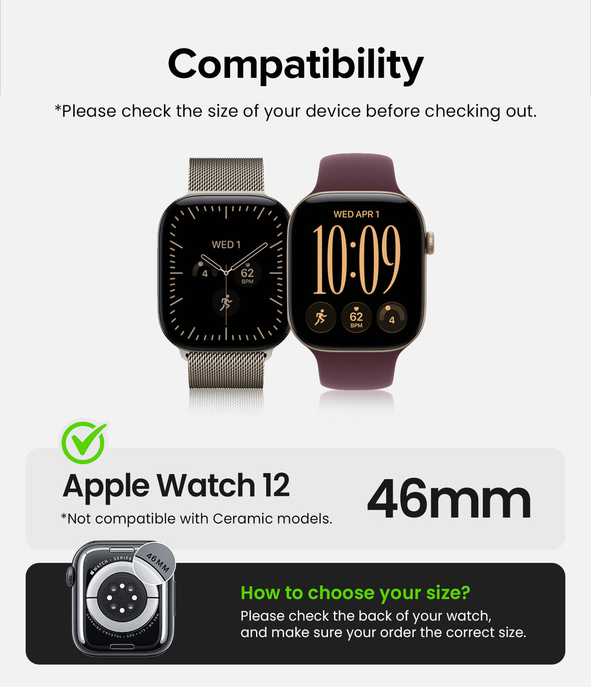 Apple Watch 12 46mm | Slim (2P) - Compatibility graphic for an Apple Watch 12 showing two watch faces side by side on a light gray background, with text stating 46mm size and a note that it is not compatible with Ceramic models.
