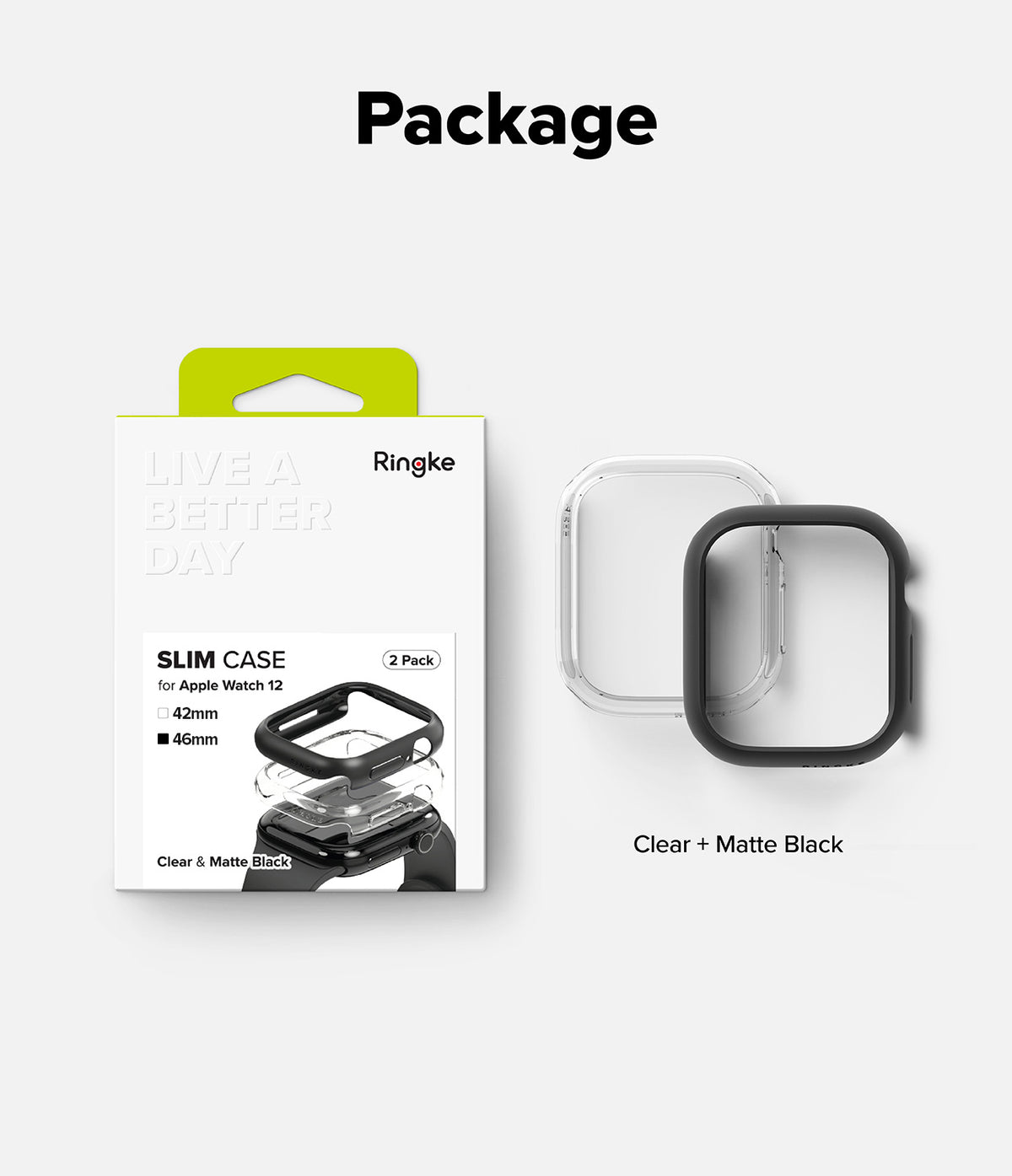 Apple Watch 12 46mm | Slim (2P) - Ringke Slim Case 3-pack packaging and two watch case pieces shown on a light gray background under the heading 'Package'. The packaging is white with a bright yellow-green tab and black text, and the two case pieces are labeled 'Clear & Matte Black'.