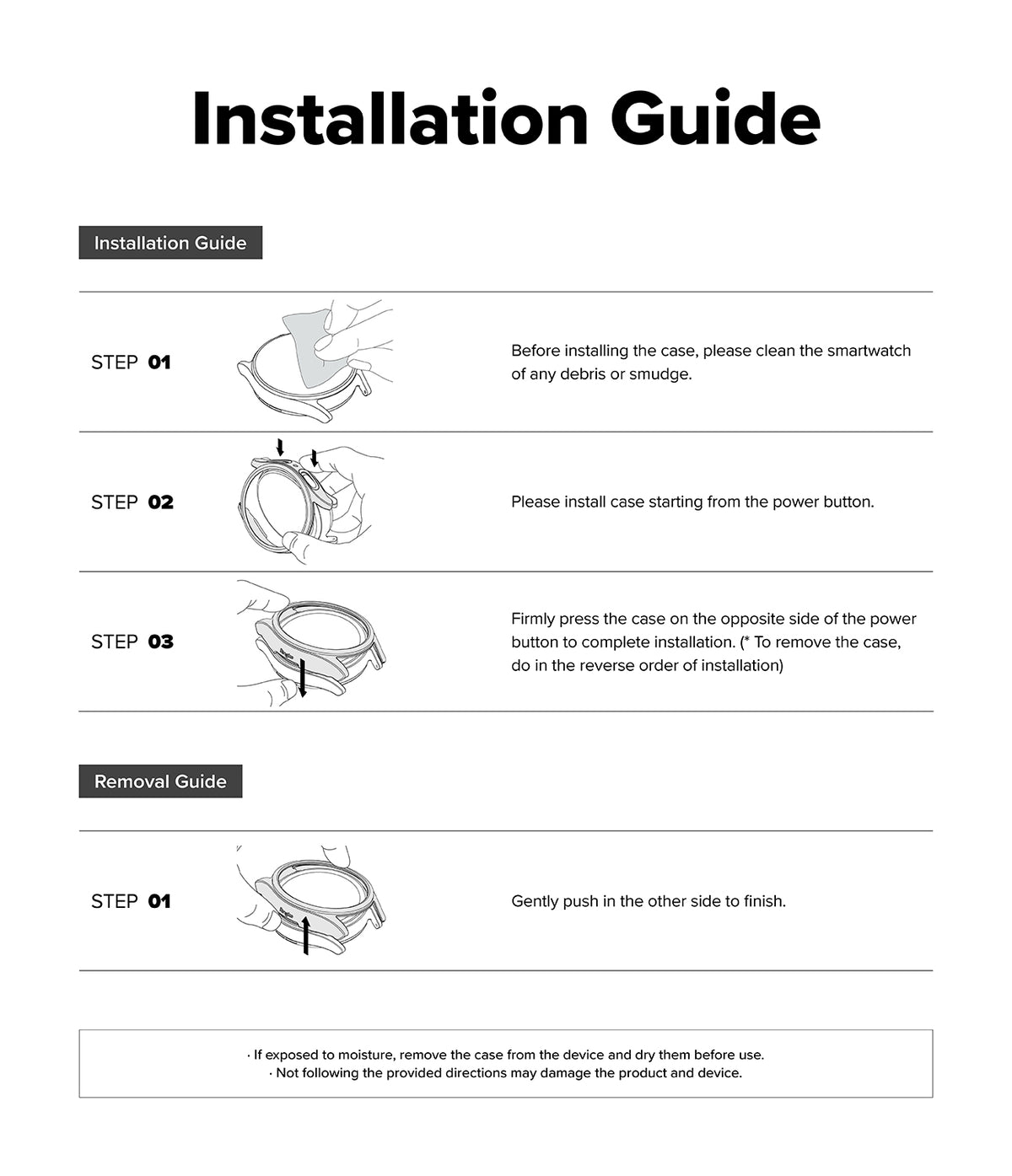 Apple Watch 12 46mm | Slim (2P) - An installation and removal guide sheet with black text and line drawings showing step-by-step instructions for mounting and taking off a smartwatch case on a white background.