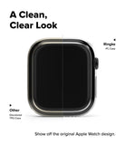 Apple Watch 12 46mm | Slim (2P) - A clear protective case shown on an Apple Watch, with a split-screen comparison labeled 'A Clean, Clear Look' and 'Ringke PC Case' versus 'Other Disccolored TRU Case' on a white background.