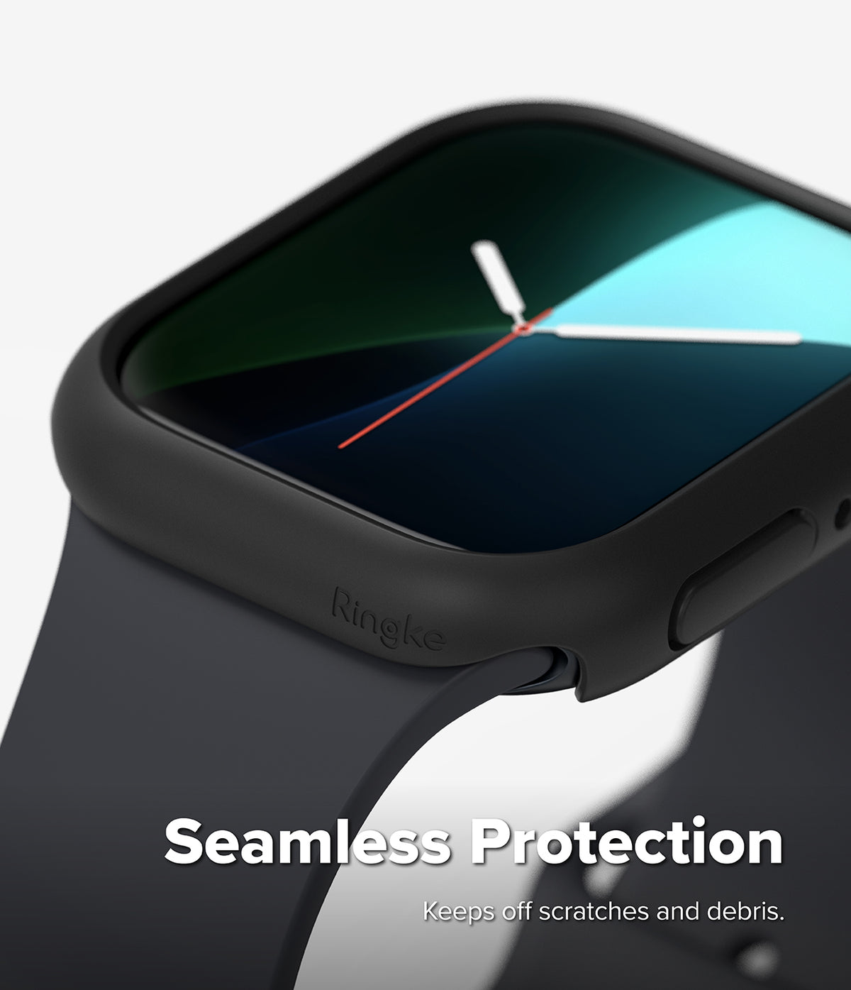Apple Watch 12 46mm | Slim (2P) - Close-up of a smartwatch with a matte black seamless protective case and dark gray band, shown on a light gray background with the text 'Seamless Protection' and 'Keeps off scratches and debris.'.