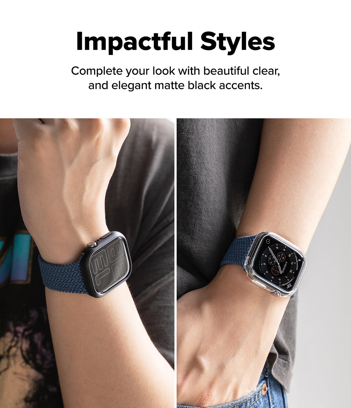 Apple Watch 12 46mm | Slim (2P) - A promotional graphic with the text 'Impactful Styles' above a split lifestyle photo showing a smartwatch with a matte black band on a person's wrist in two close-up views.