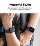 Apple Watch 12 46mm | Slim (2P) - A promotional graphic with the text 'Impactful Styles' above a split lifestyle photo showing a smartwatch with a matte black band on a person's wrist in two close-up views.