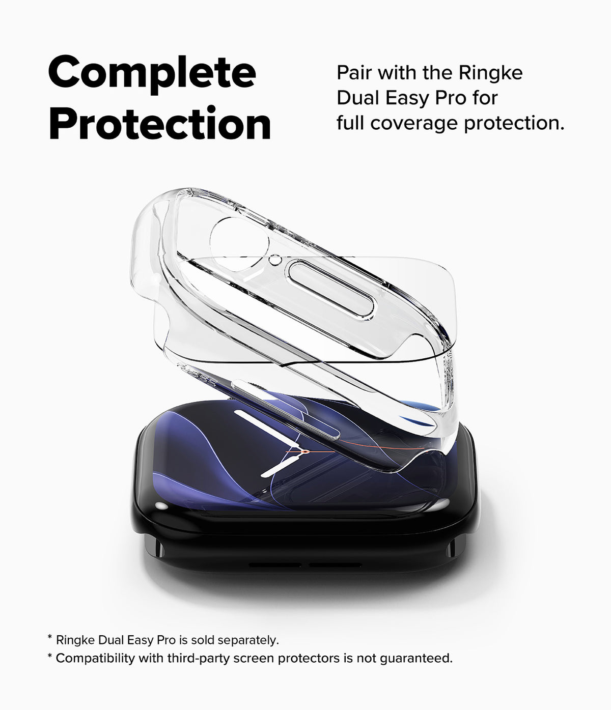Apple Watch 12 46mm | Slim (2P) - Clear protective phone case shown floating above a black smartphone on a white background, with marketing text reading 'Complete Protection' and compatibility note for Ringke Dual Easy Pro screen protectors.